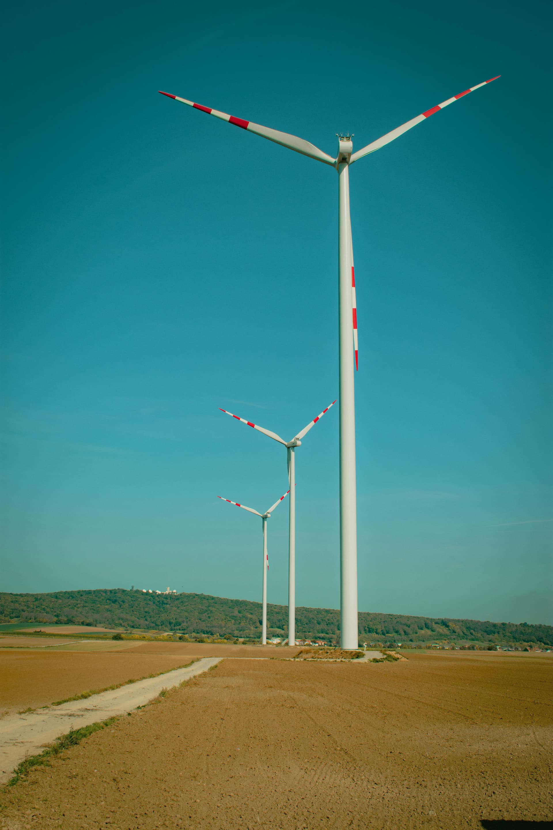Wind turbines and solar panels at sunset